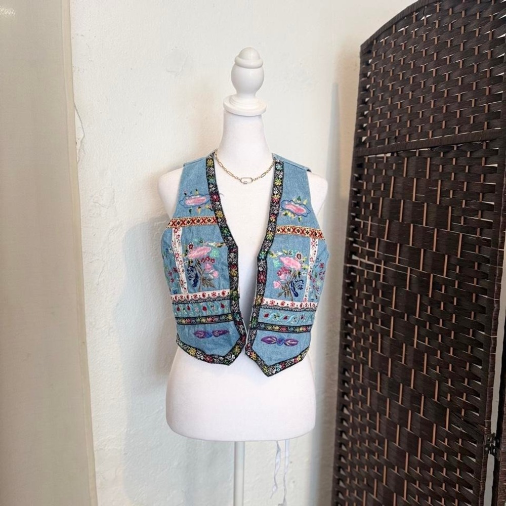 Vintage 90's Embroidery Denim Floral Vest Women's Spring Y2k Streetwear
